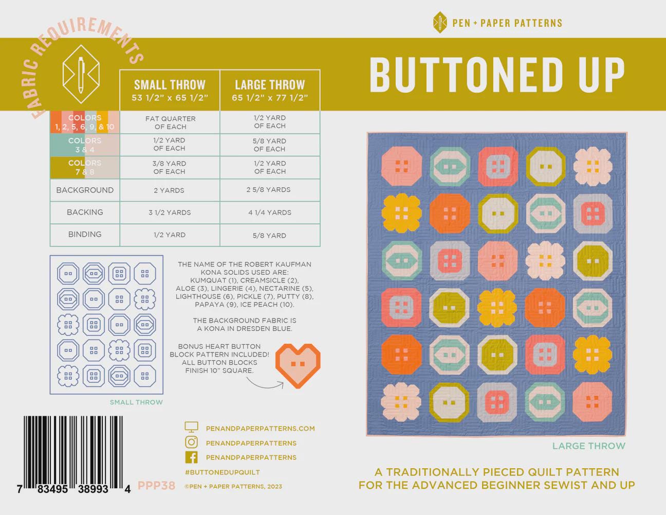 Buttoned Up Quilt Pattern – Large & Small Throw Sizes with Bonus Heart Block | Modern Pieced Quilt Printed Pattern for Confident Beginners