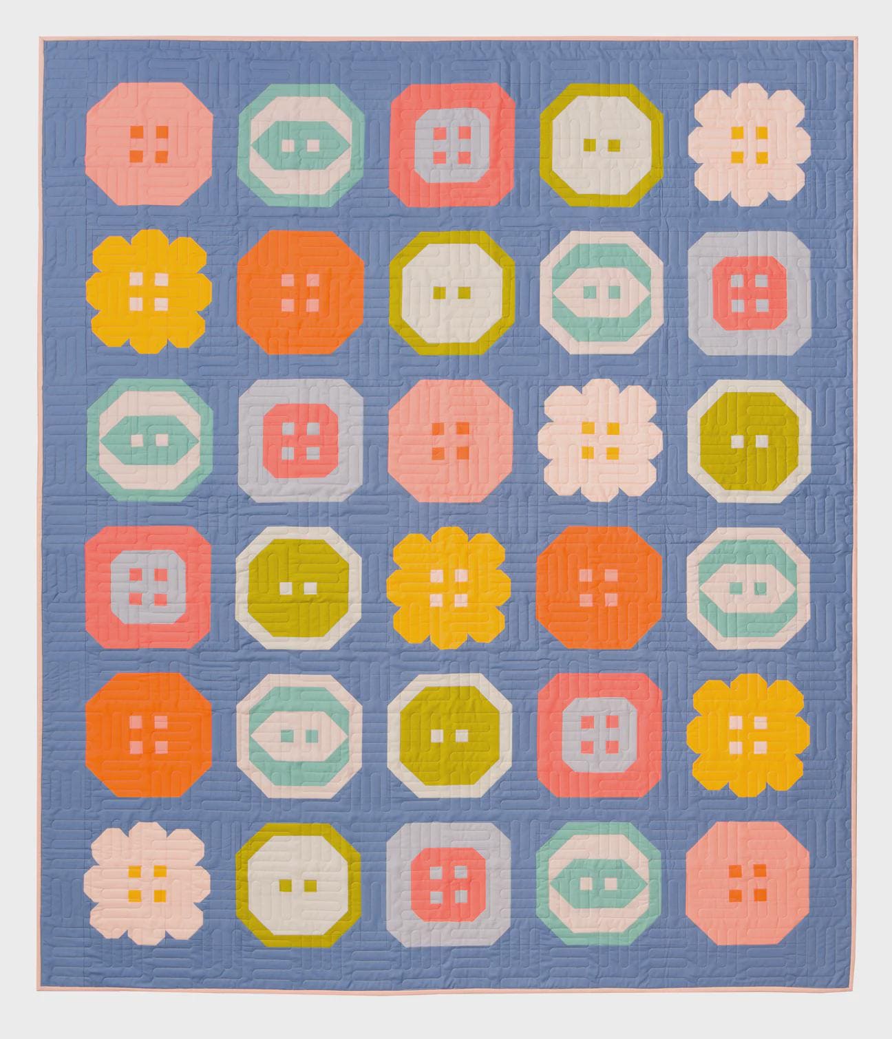 Buttoned Up Quilt Pattern – Large & Small Throw Sizes with Bonus Heart Block | Modern Pieced Quilt Printed Pattern for Confident Beginners