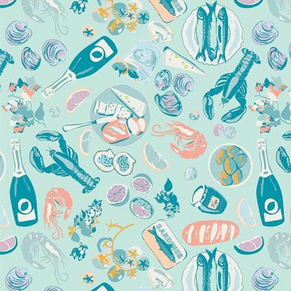Costeira Coastal Fabric Bundle – 5pc AGF Set: Sardines, Corals, Seafood & Tiles – Fat Quarter, Half Yard, or Quarter Yard