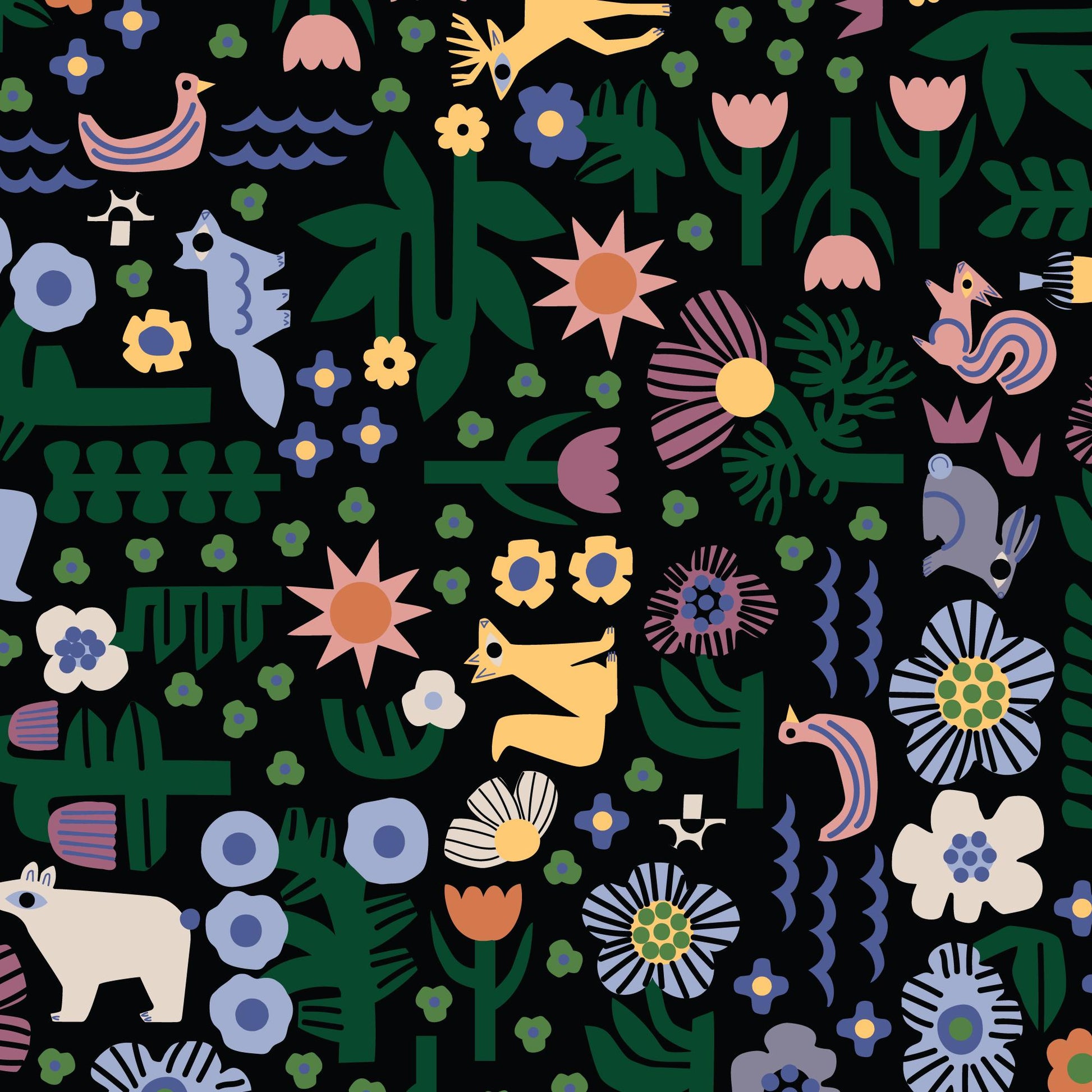 Nightdreams, Fabric by the Yard, 100% Organic Cotton, By Leah Duncan for Cloud9 Fabrics, Fern Grove Collection, Animal Forest Print