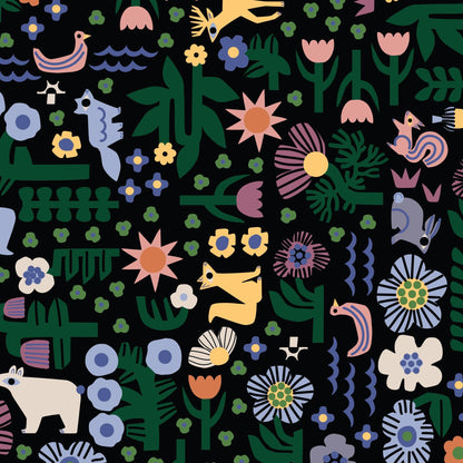 Nightdreams, Fabric by the Yard, 100% Organic Cotton, By Leah Duncan for Cloud9 Fabrics, Fern Grove Collection, Animal Forest Print