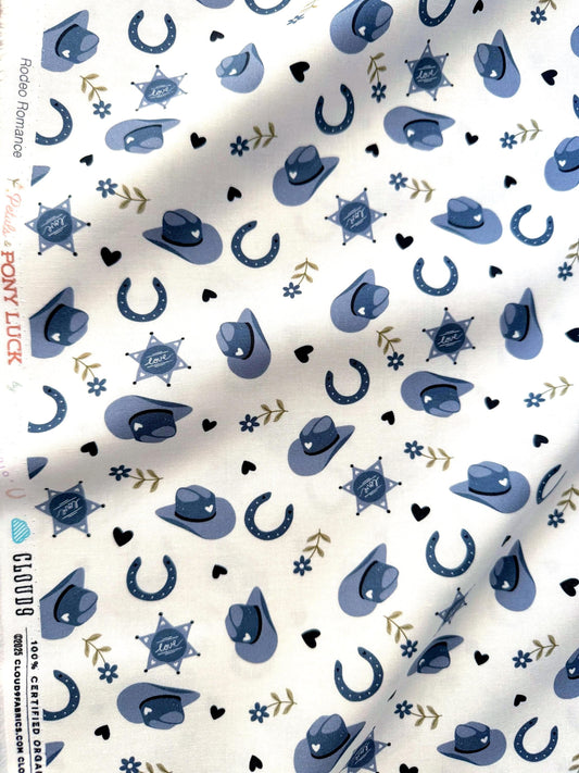 Rodeo Romance In Blue, Fabric by the Yard, 100% Organic Cotton, By Cloud9 Fabrics, Petals and Pony Luck Collection, Cowboy Print