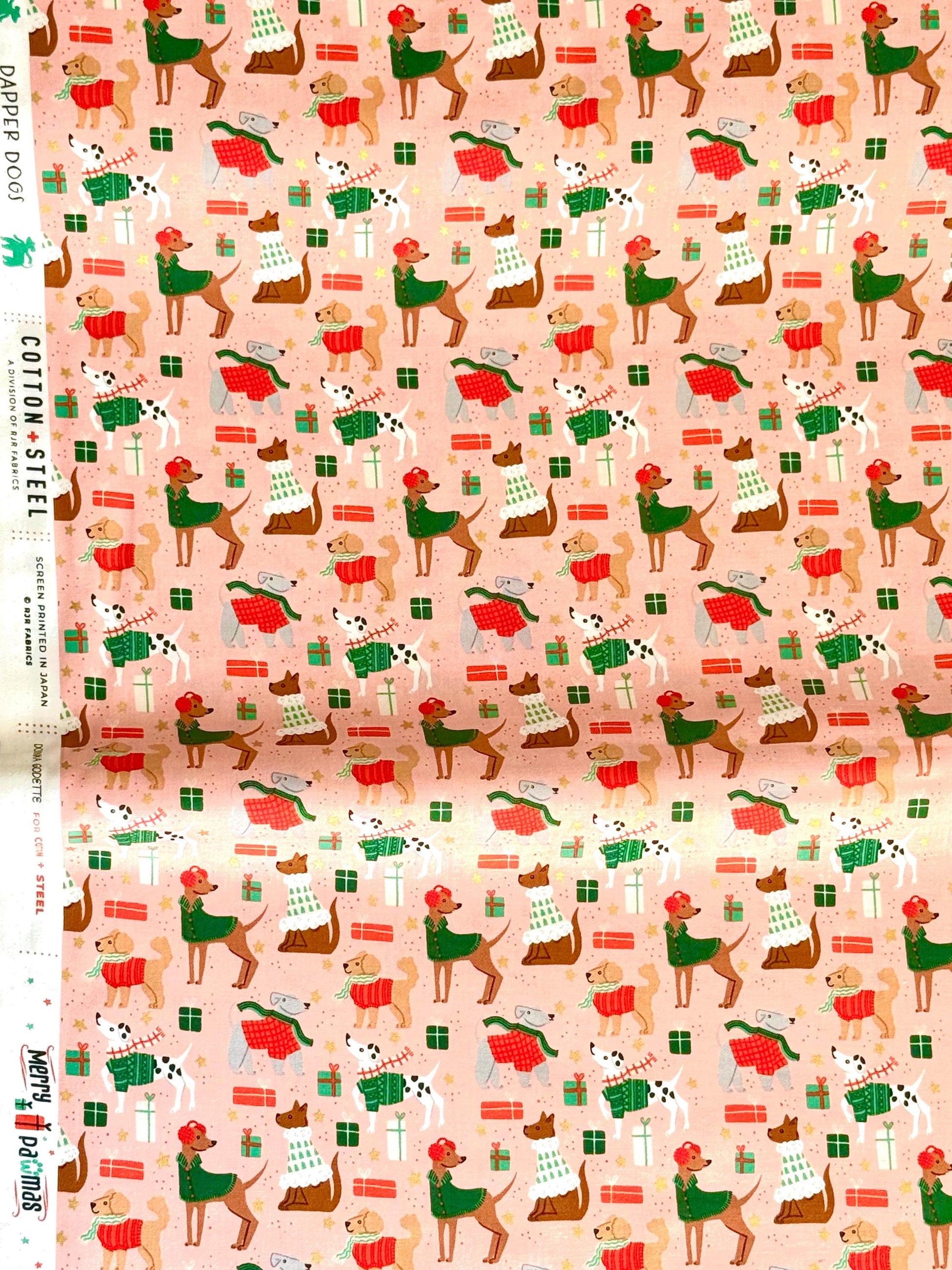 Dapper Dogs – Pink Metallic Fabric by Dominika Godette – Merry Pawmas Collection – Christmas Cotton Fabric by the Yard