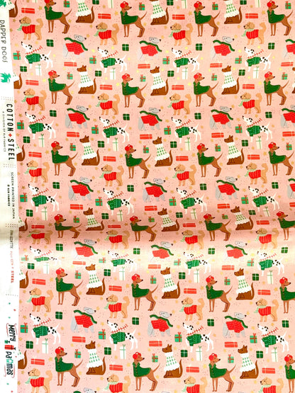 Dapper Dogs – Pink Metallic Fabric by Dominika Godette – Merry Pawmas Collection – Christmas Cotton Fabric by the Yard