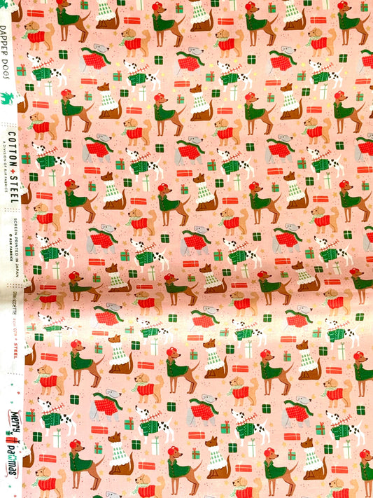 Dapper Dogs – Pink Metallic Fabric by Dominika Godette – Merry Pawmas Collection – Christmas Cotton Fabric by the Yard