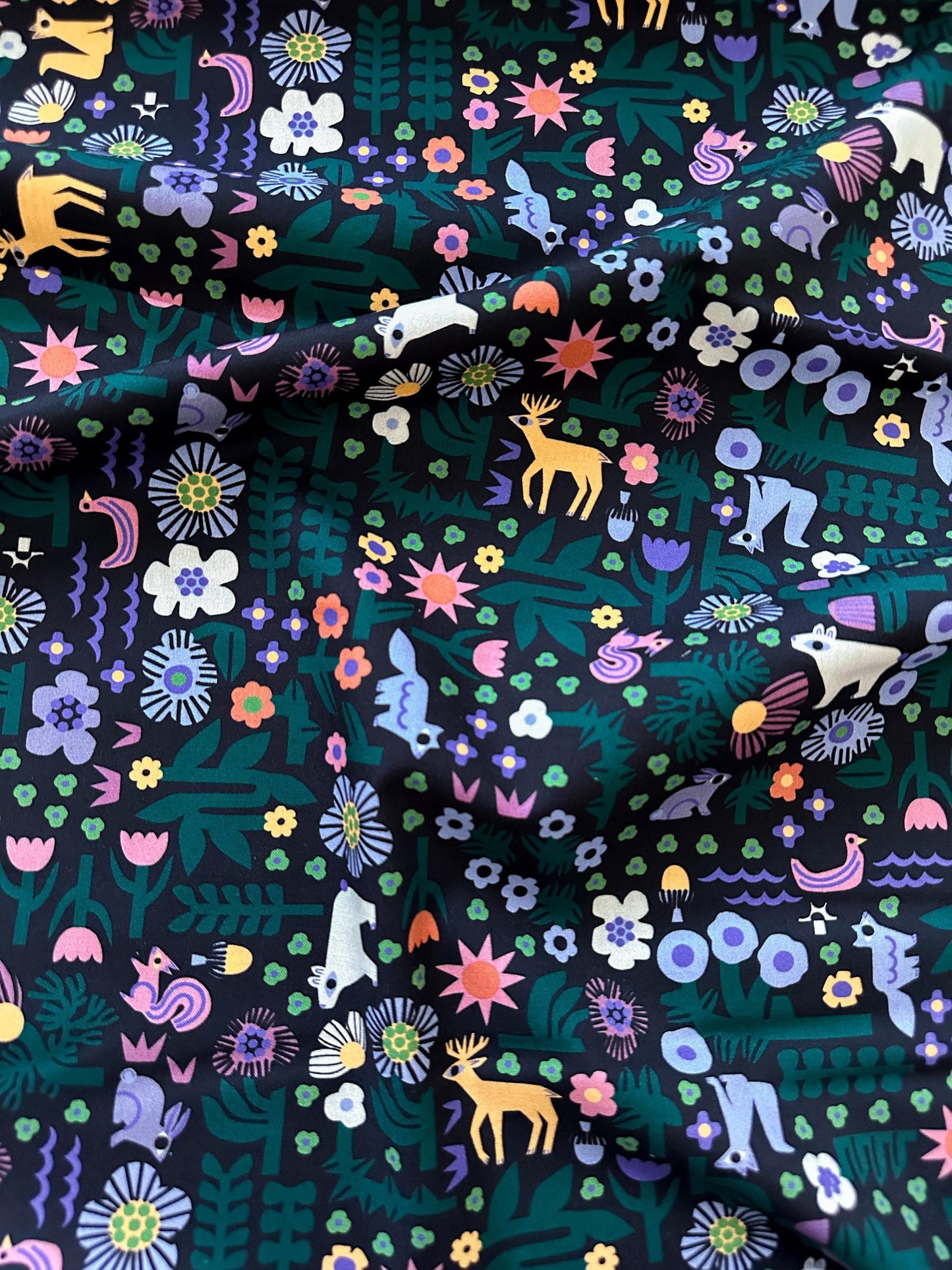 Nightdreams, Fabric by the Yard, 100% Organic Cotton, By Leah Duncan for Cloud9 Fabrics, Fern Grove Collection, Animal Forest Print