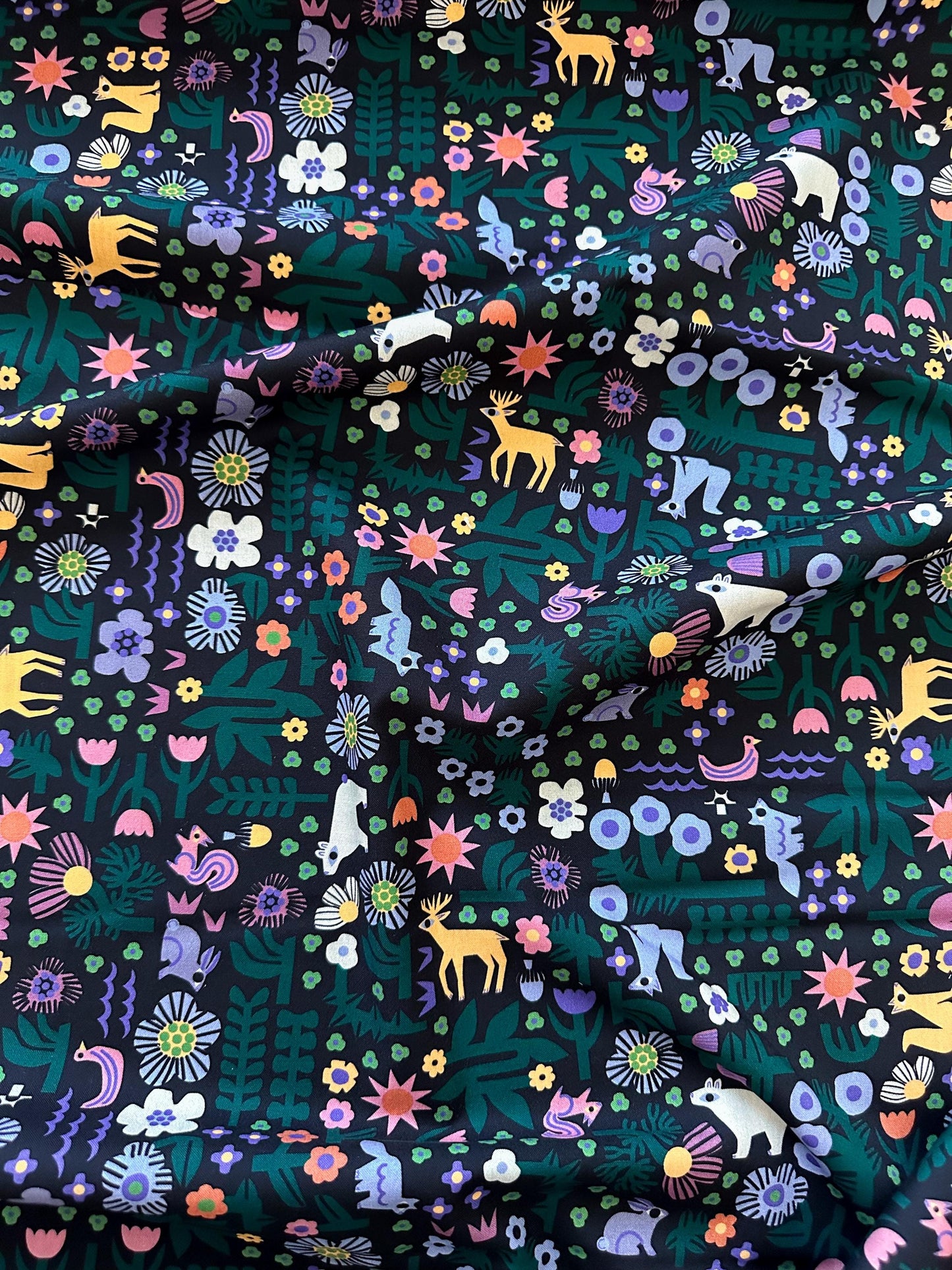 Nightdreams, Fabric by the Yard, 100% Organic Cotton, By Leah Duncan for Cloud9 Fabrics, Fern Grove Collection, Animal Forest Print