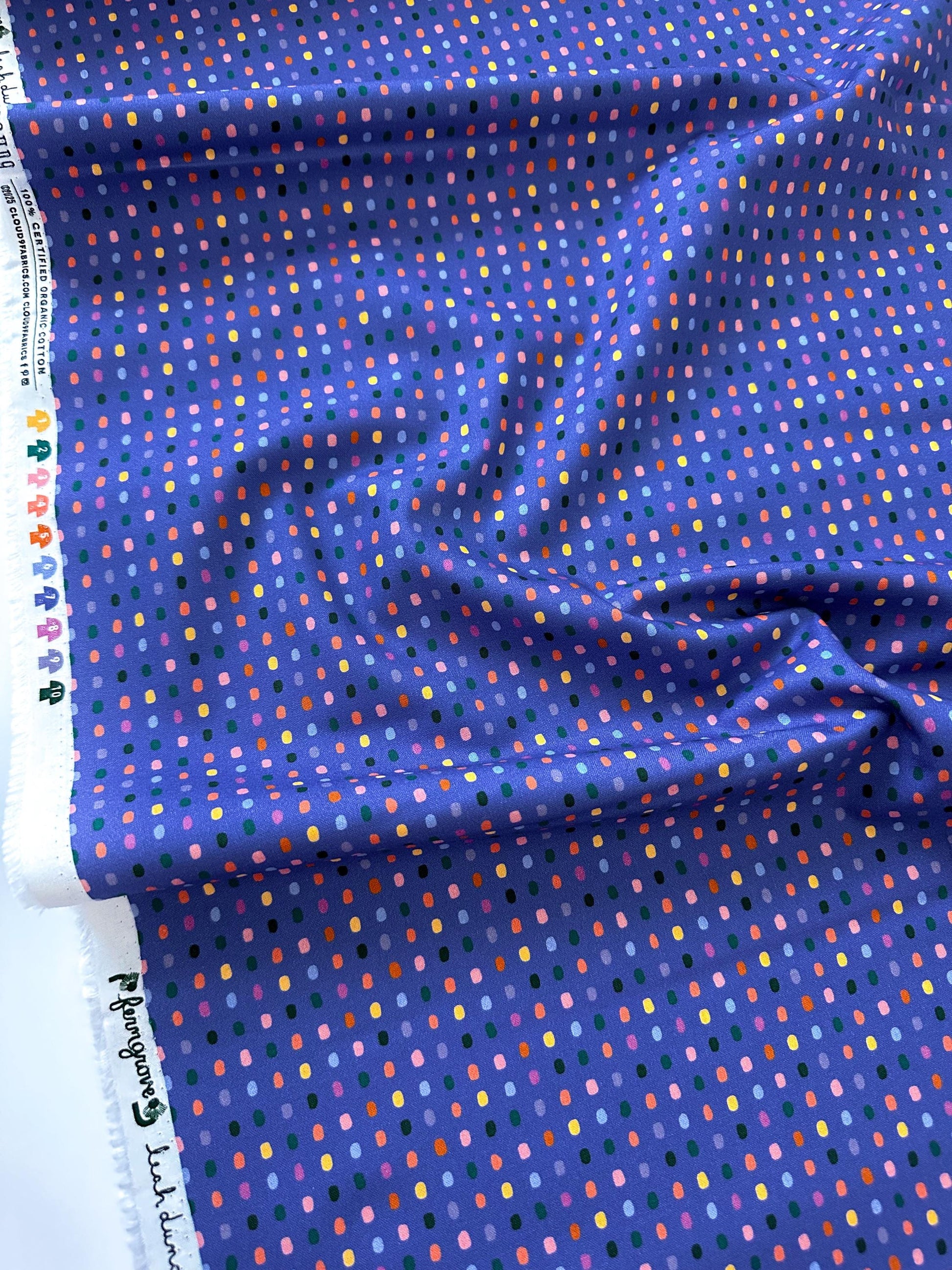Dew Drops Dusk, Fabric by the Yard, 100% Organic Cotton, By Leah Duncan for Cloud9 Fabrics, Fern Grove Collection, Dots Print