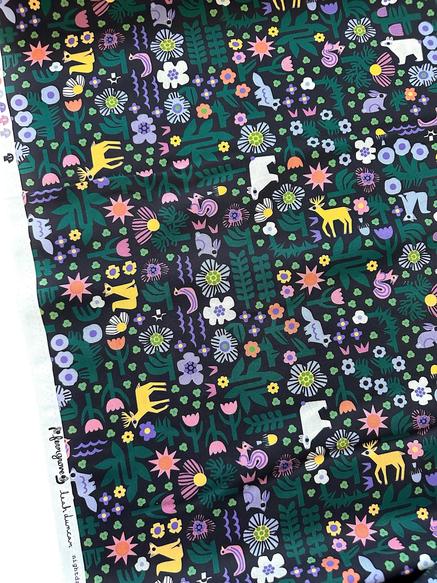 Nightdreams, Fabric by the Yard, 100% Organic Cotton, By Leah Duncan for Cloud9 Fabrics, Fern Grove Collection, Animal Forest Print