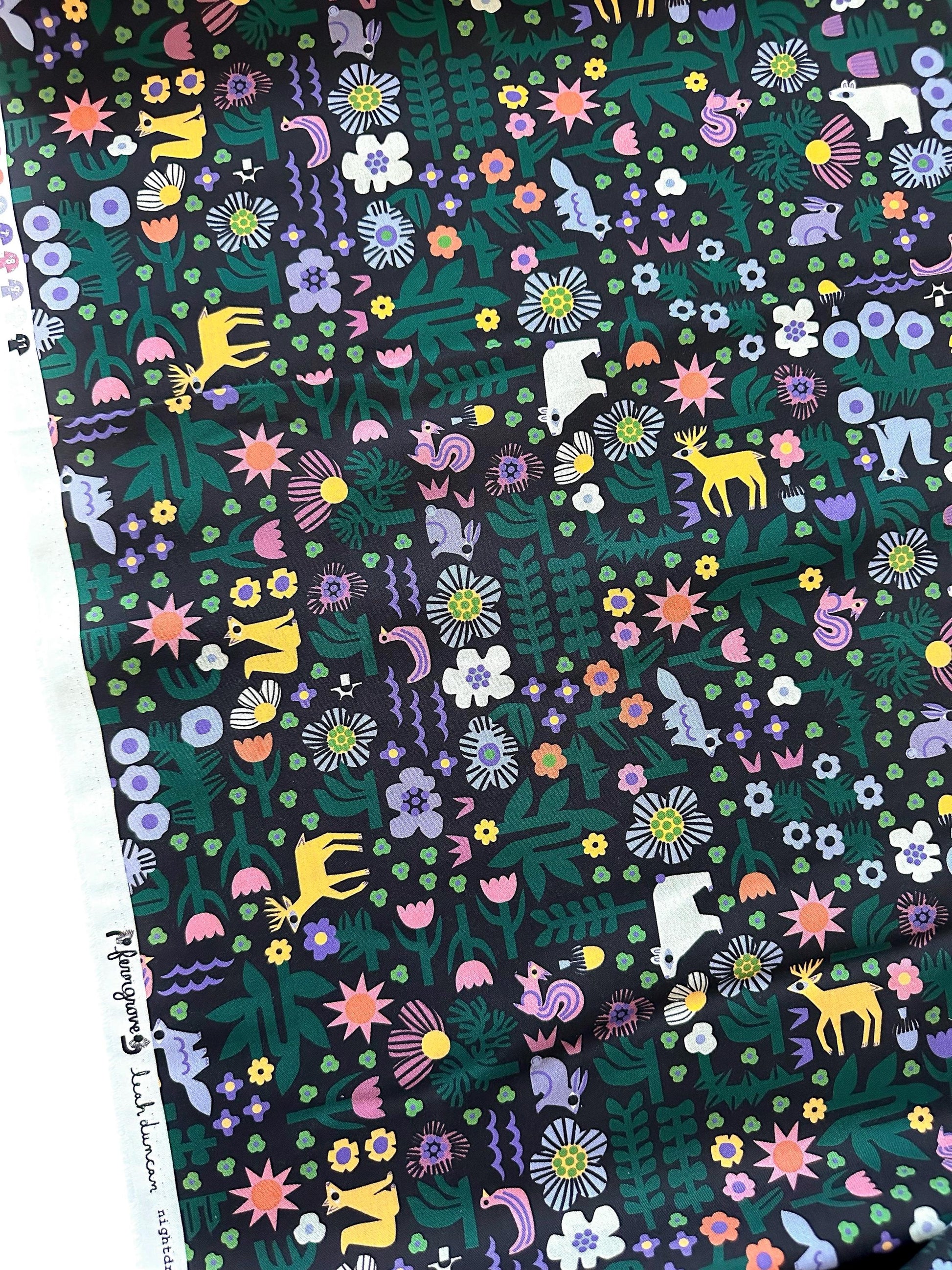 Nightdreams, Fabric by the Yard, 100% Organic Cotton, By Leah Duncan for Cloud9 Fabrics, Fern Grove Collection, Animal Forest Print