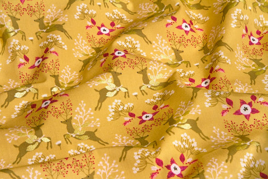 Fawns & Flowers Gold Metallic – Premium Cotton by the Yard – ADVENTALE Collection by Katarina Roccella – Art Gallery Fabrics, Holiday Print