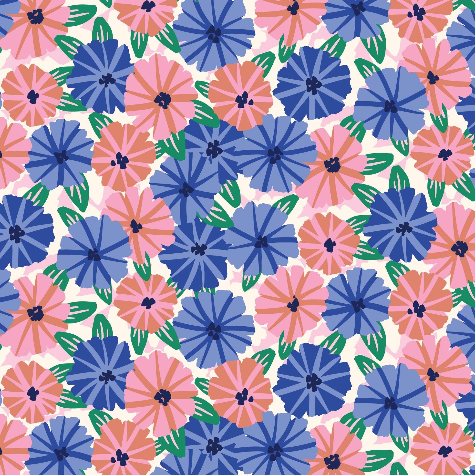 Striped Petunias, Fabric by the Yard, 100% Organic Cotton, By Claire Iglesias for Cloud9 Fabrics, Wild Garden Collection