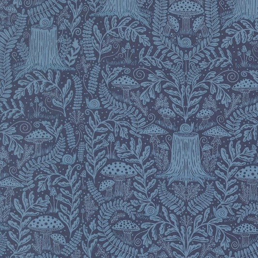 Mushroom Landscape and Nature Dark Blue – Night Owl Collection by Gingiber for Moda Fabrics | 100% Cotton Quilting Fabric, Sold by the Yard