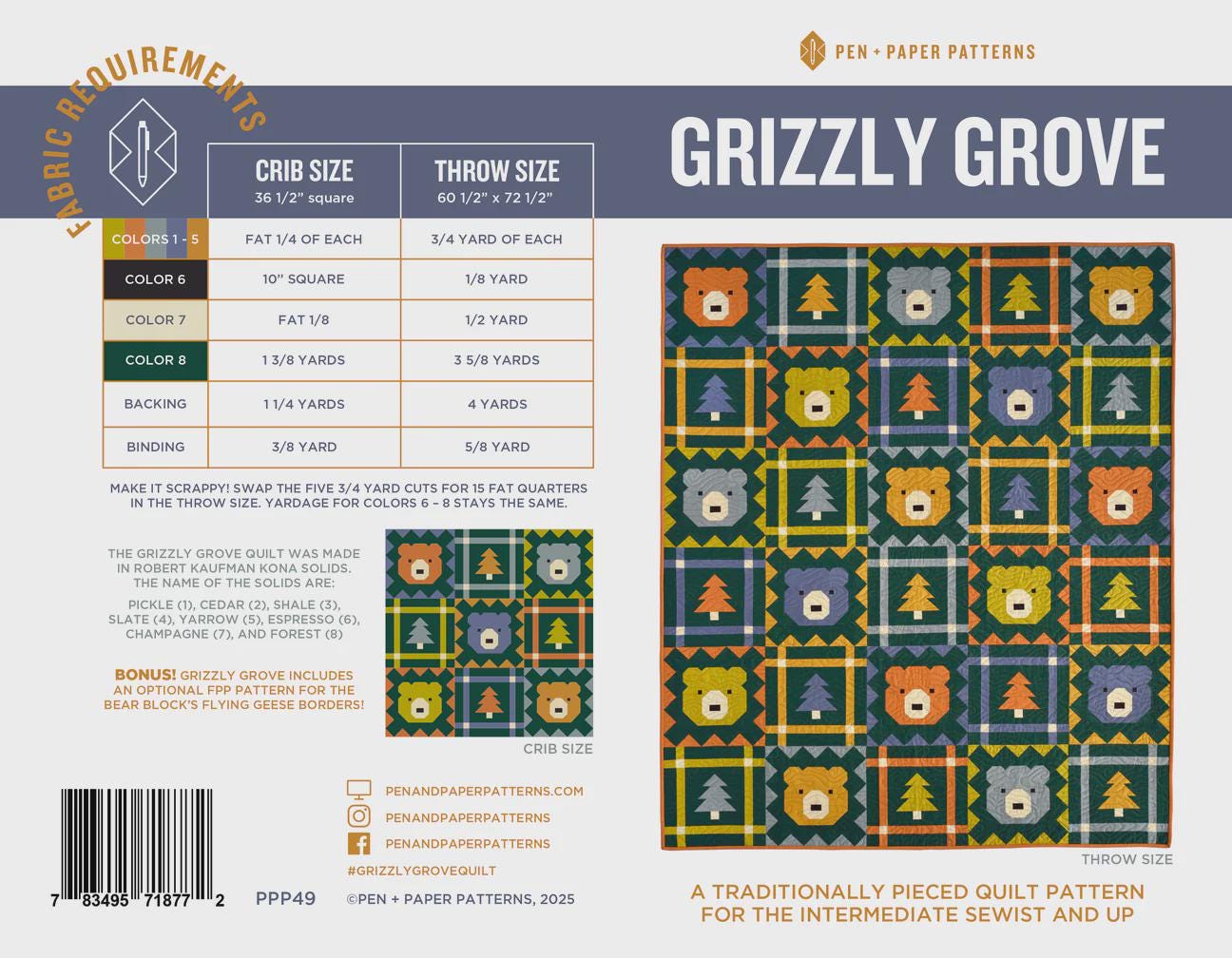 Grizzly Grove Quilt Pattern – Bear & Checkered Quilt by Art East Quilting Co | Fat Quarter Friendly, Crib and Throw Sizes