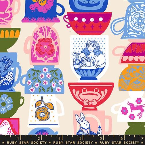 Hello Alice – Tea Party Novelty Housewares Kitsch Children – Natural | Ruby Star Society RS2122 11 | 100% Cotton Fabric by Sarah Watts