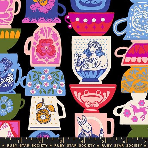 Hello Alice – Tea Party Novelty Housewares Kitsch Children – Black | Ruby Star Society RS2122 13 | 100% Cotton Fabric by Sarah Watts