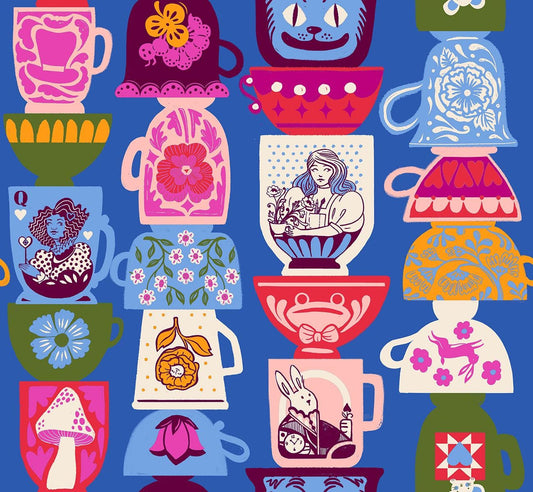 Hello Alice – Tea Party Novelty Housewares Kitsch Children – Blue | Ruby Star Society RS2122 12 | 100% Cotton Fabric by Sarah Watts