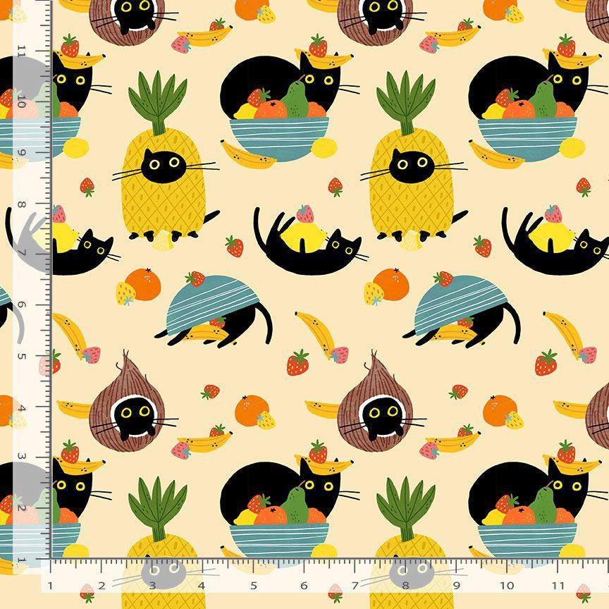 Cats In The Furruit Bowl | 100% Cotton Fabric | Designed by Leezaworks for Dear Stella, Black Cats and Fruit Bowls