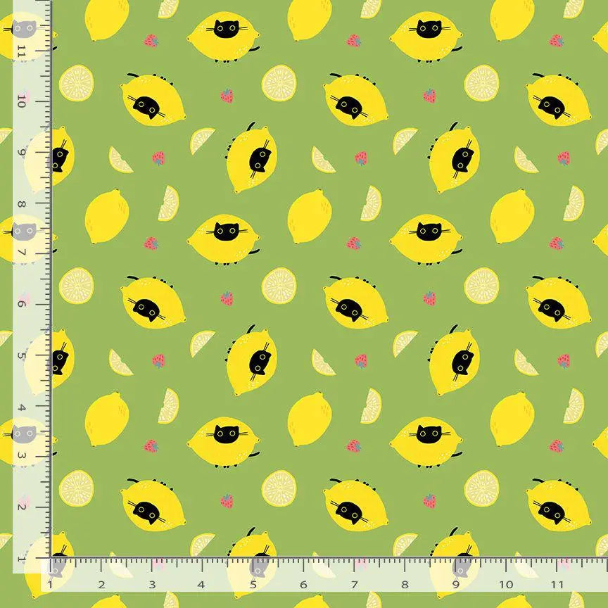 Sour Puss | 100% Cotton Fabric | Designed by Leezaworks for Dear Stella, Black Cats and Lemon