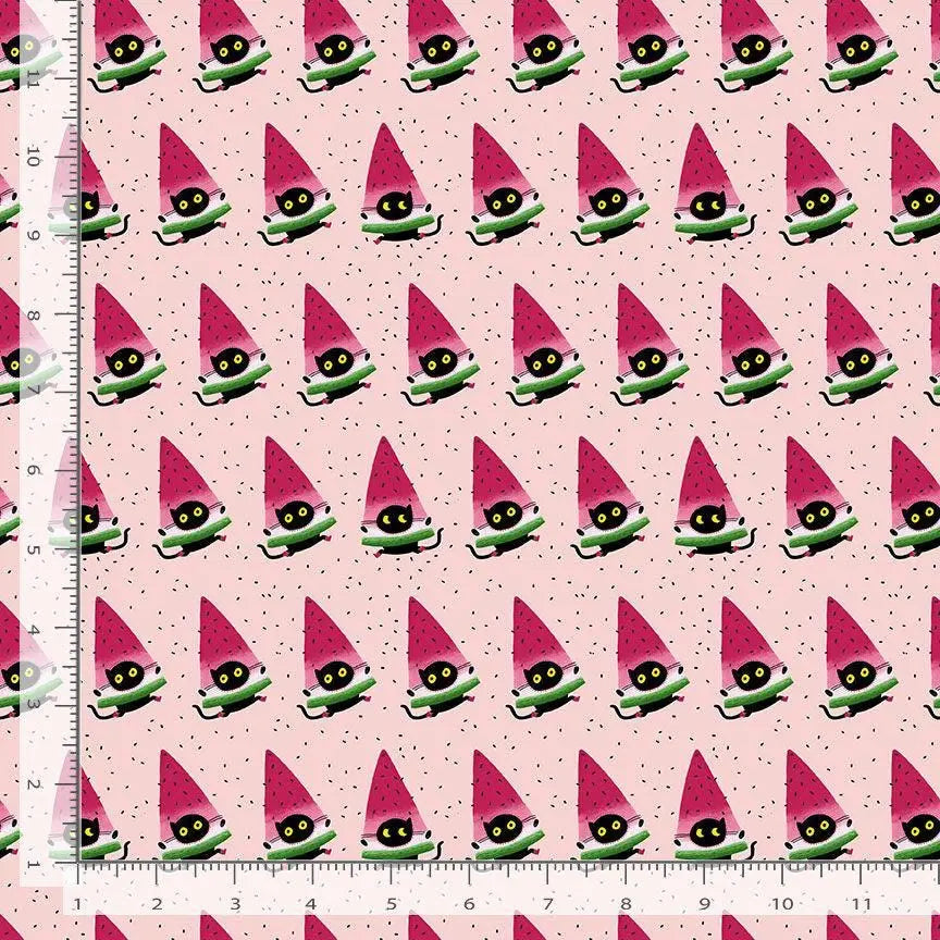 One In A Meowlon | 100% Cotton Fabric | Designed by Leezaworks for Dear Stella, Black Cats and Watermelon
