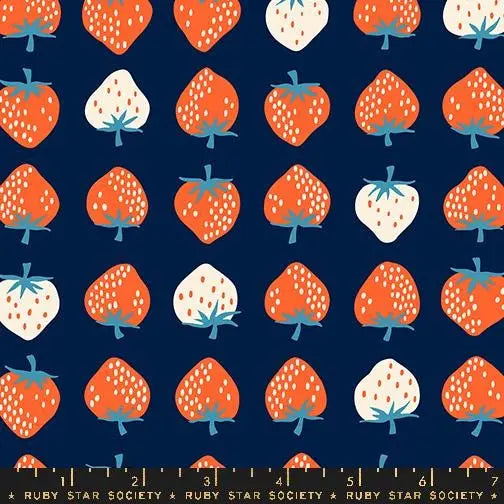 Strawberry Navy RS3084 23 Ruby Star#1 – Strawberry Novelty Strawberry Retro Kitsch, Ruby Star Society 100% Cotton Fabric by Kimberly Kight