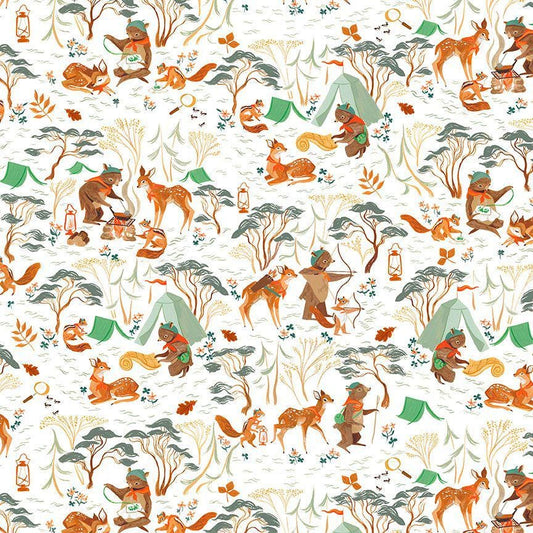 Camping Crew – White | Rae Ritchie for Dear Stella | Digital Cotton Fabric | DRR3306 | 44/45” Cotton | Yard, Half Yard, Quarter Yard