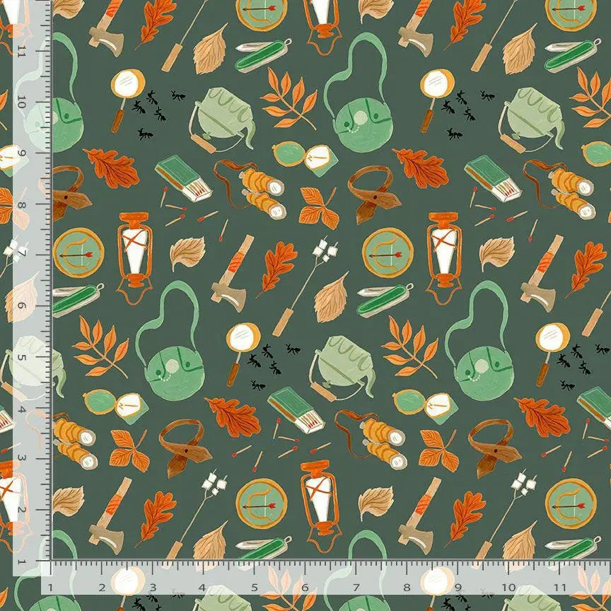 Camping Supplies – Green | Rae Ritchie for Dear Stella | Digital Cotton Fabric | DRR3308 | 44/45” Cotton | Yard, Half Yard, Quarter Yard
