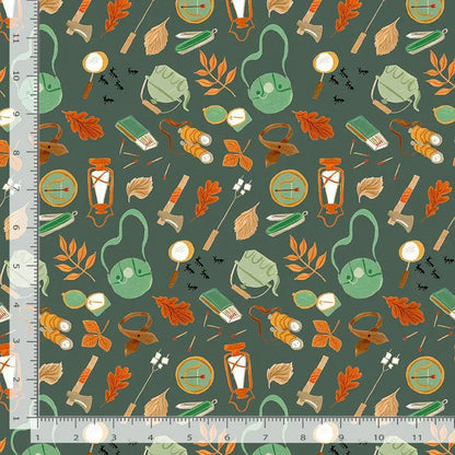 Camping Supplies – Green | Rae Ritchie for Dear Stella | Digital Cotton Fabric | DRR3308 | 44/45” Cotton | Yard, Half Yard, Quarter Yard