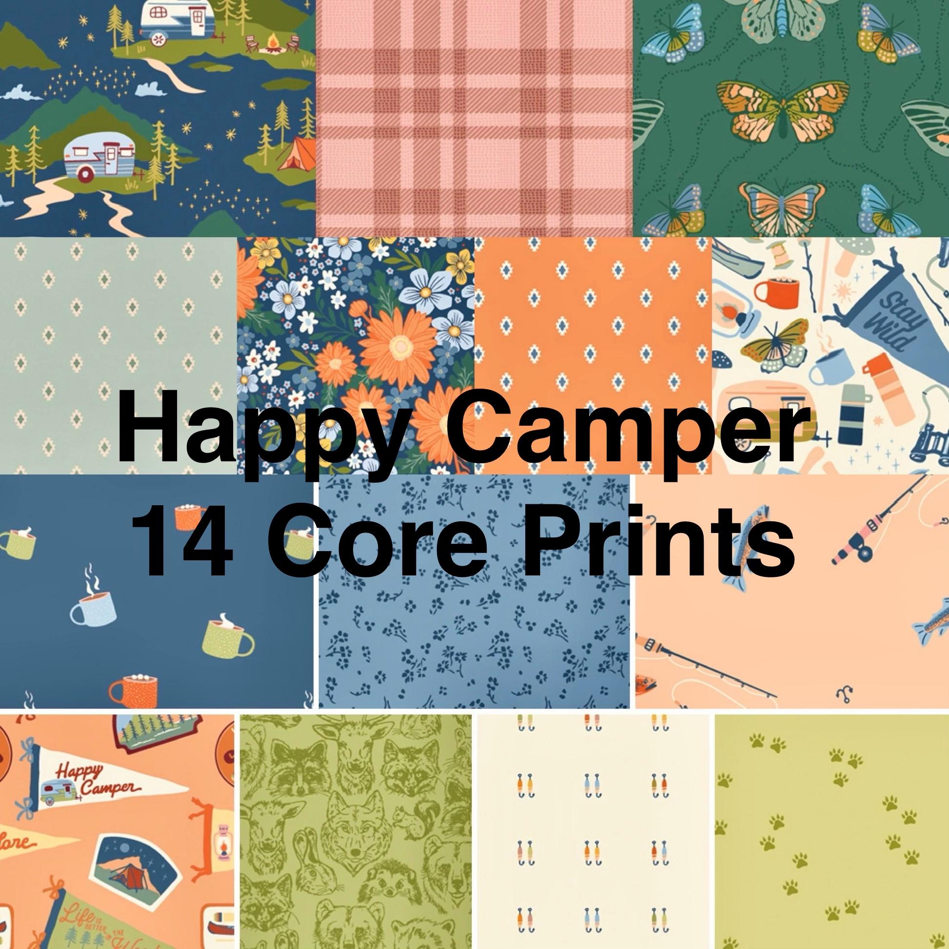 42-piece 10" layer cake featuring Happy Camper collection by Maureen Cracknell. Pre-cut squares, 100% premium cotton. Art Gallery Fabrics.