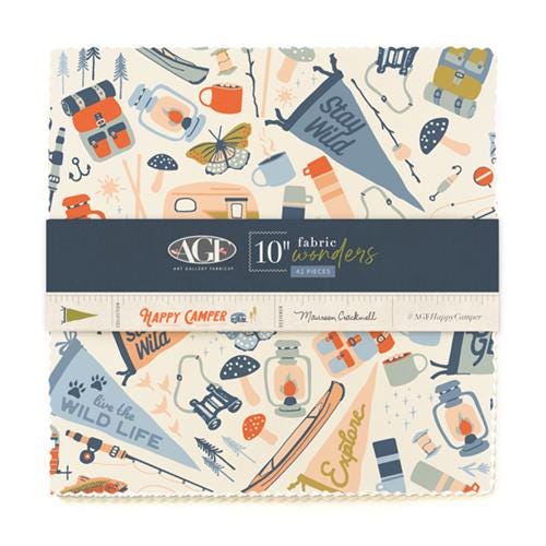 42-piece 10" layer cake featuring Happy Camper collection by Maureen Cracknell. Pre-cut squares, 100% premium cotton. Art Gallery Fabrics.