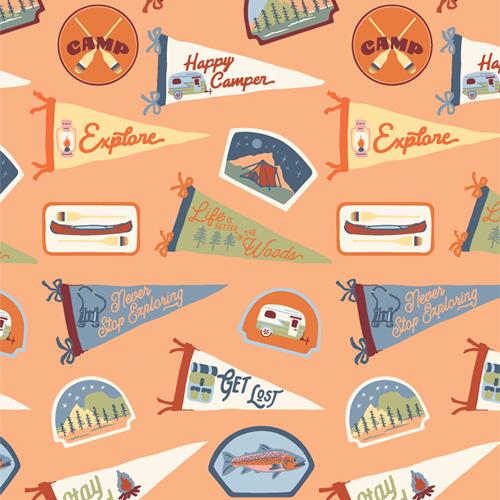 42-piece 10" layer cake featuring Happy Camper collection by Maureen Cracknell. Pre-cut squares, 100% premium cotton. Art Gallery Fabrics.