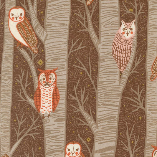 Night Owl Novelty Owls Trees (Cocoa) – Night Owl Collection by Gingiber for Moda Fabrics | 100% Cotton Quilting Fabric, Sold by the Yard