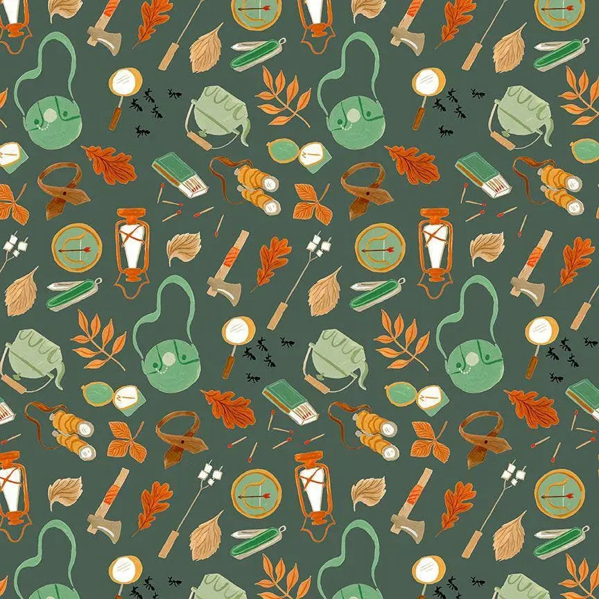 Camping Supplies – Green | Rae Ritchie for Dear Stella | Digital Cotton Fabric | DRR3308 | 44/45” Cotton | Yard, Half Yard, Quarter Yard