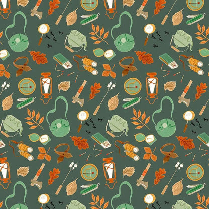 Camping Supplies – Green | Rae Ritchie for Dear Stella | Digital Cotton Fabric | DRR3308 | 44/45” Cotton | Yard, Half Yard, Quarter Yard