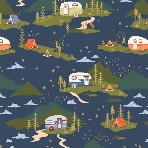 42-piece 10" layer cake featuring Happy Camper collection by Maureen Cracknell. Pre-cut squares, 100% premium cotton. Art Gallery Fabrics.