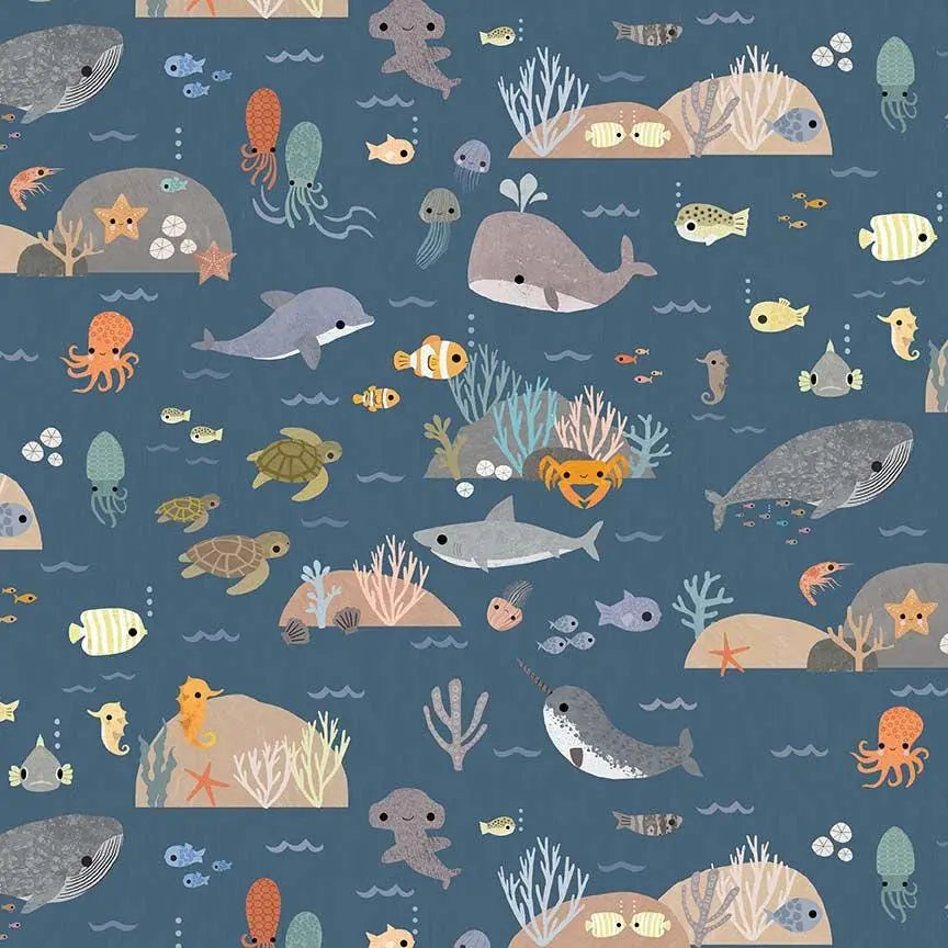 Beyond the Sea Fabric by Paint Love Studio for Dear Stella – Ocean Animals Cotton Fabric, Marine Life Print, 44/45" Wide