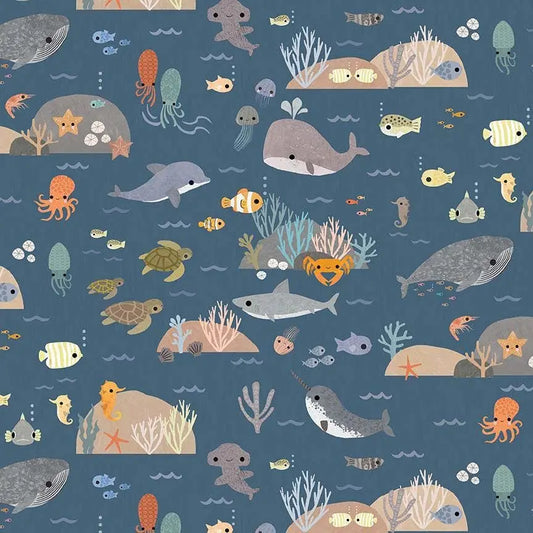 Beyond the Sea Fabric by Paint Love Studio for Dear Stella – Ocean Animals Cotton Fabric, Marine Life Print, 44/45" Wide
