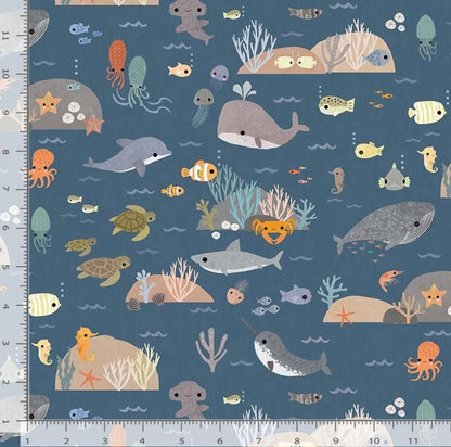 Beyond the Sea Fabric by Paint Love Studio for Dear Stella – Ocean Animals Cotton Fabric, Marine Life Print, 44/45" Wide