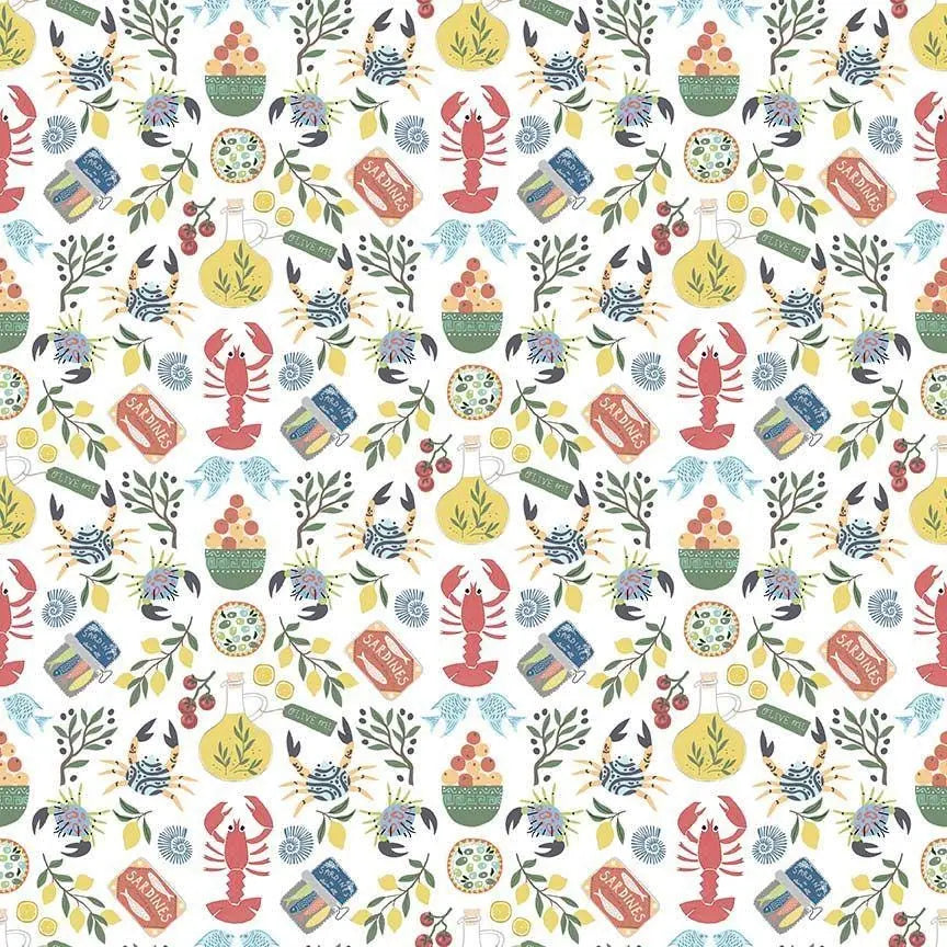 Olive You Fabric – White | Wanderlust by Dear Stella | Lobster Sardines Olive Oil Cotton Quilting Fabric