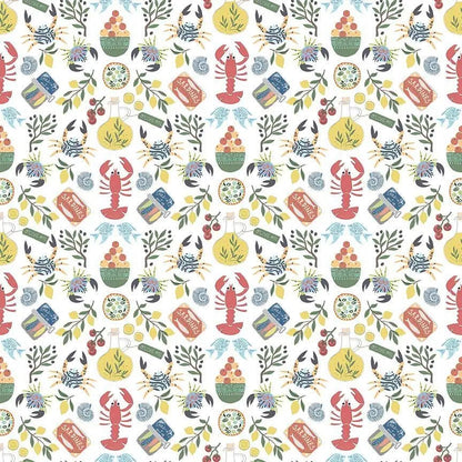 Olive You Fabric – White | Wanderlust by Dear Stella | Lobster Sardines Olive Oil Cotton Quilting Fabric