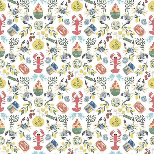 Olive You Fabric – White | Wanderlust by Dear Stella | Lobster Sardines Olive Oil Cotton Quilting Fabric