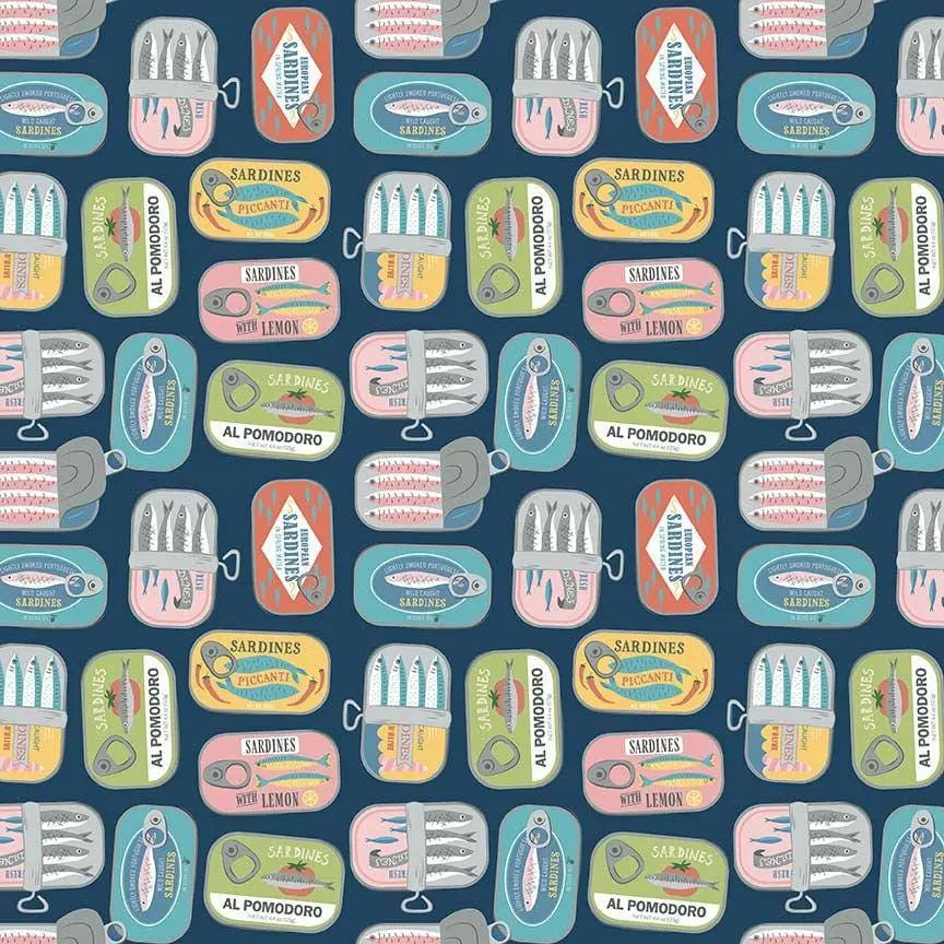 Partners in Brine Fabric Iris | Sardine Tin Cotton Fabric | Dear Stella Wanderlust | Novelty Food Quilting Fabric by the Yard