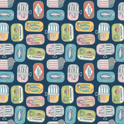 Partners in Brine Fabric Iris | Sardine Tin Cotton Fabric | Dear Stella Wanderlust | Novelty Food Quilting Fabric by the Yard