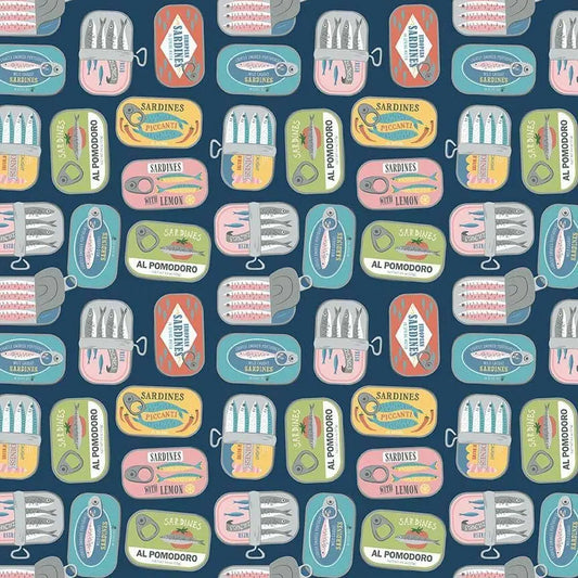 Partners in Brine Fabric Iris | Sardine Tin Cotton Fabric | Dear Stella Wanderlust | Novelty Food Quilting Fabric by the Yard