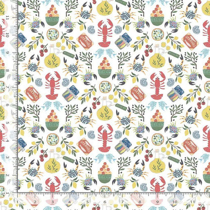 Olive You Fabric – White | Wanderlust by Dear Stella | Lobster Sardines Olive Oil Cotton Quilting Fabric