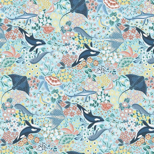 Vitamin Sea Fabric – Floral | Wanderlust by Dear Stella | Ocean Animals Cotton Quilting Fabric