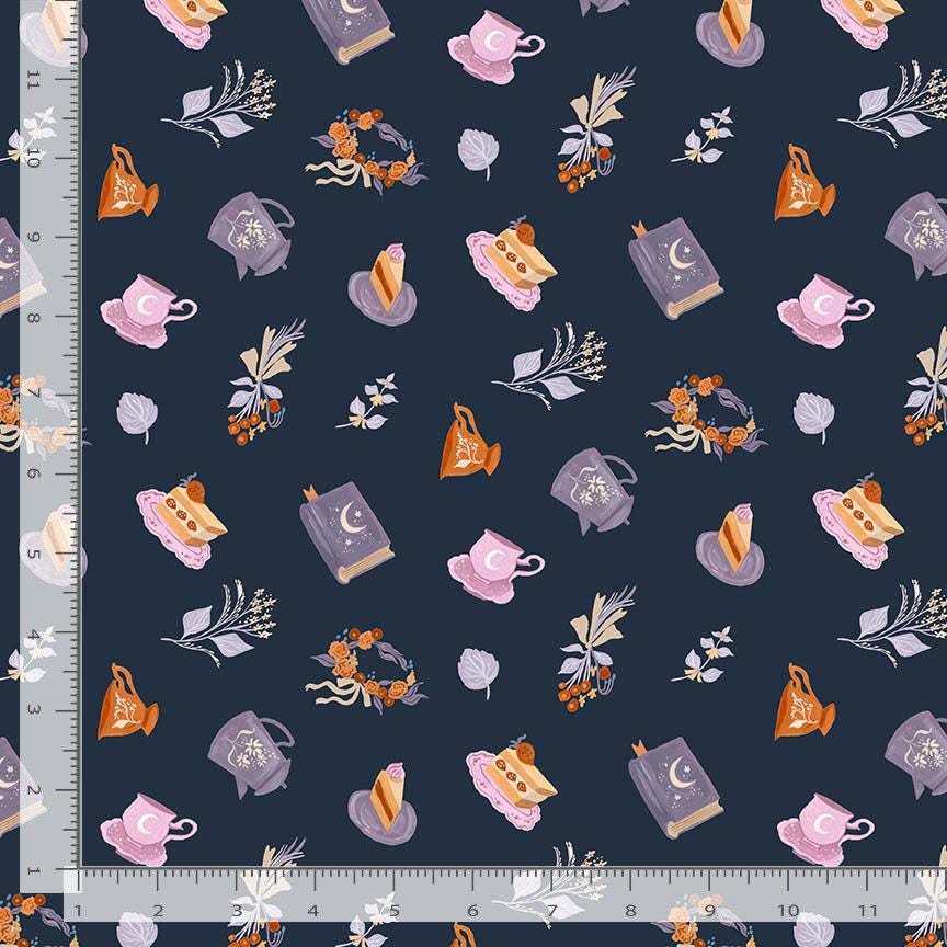 Fairy Solstice – Party Time Iris Fabric | Rae Ritchie for Dear Stella | Navy Celestial Tea Party Cotton | Yardage