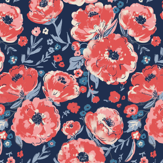 Peonies Fabric – Navy | Alison Janssen for Cloud9 | Jubilant Collection | Organic Cotton Quilt Fabric | Floral Fabric by the Yard