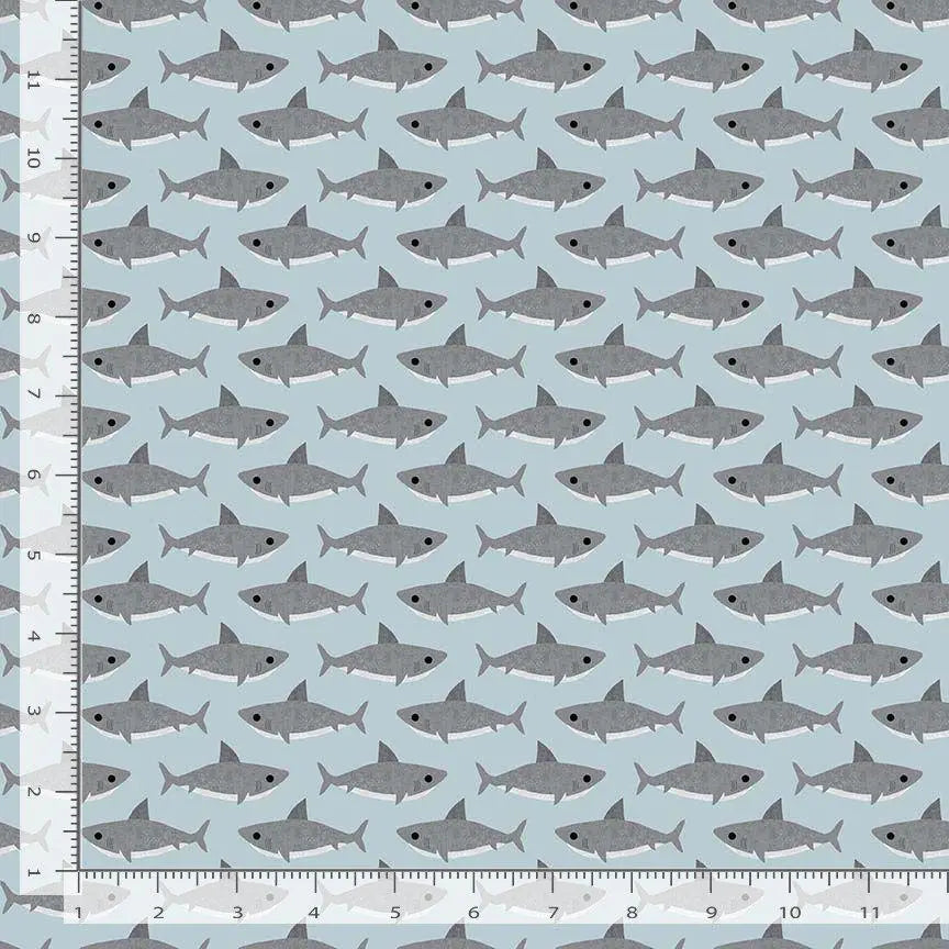 Jawsome Sharks Fabric – Beyond the Sea by Paint Love Studio for Dear Stella | Scuba Blue Cotton Fabric