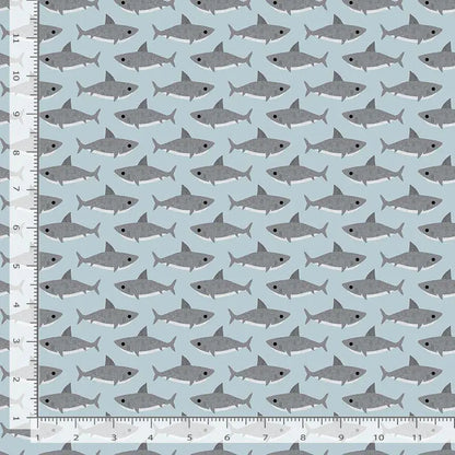 Jawsome Sharks Fabric – Beyond the Sea by Paint Love Studio for Dear Stella | Scuba Blue Cotton Fabric